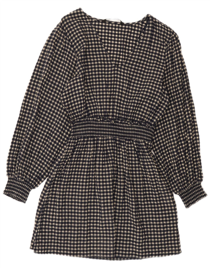 Zara Vestido Básico De Manga Larga Para Mujer UK 40 Small Azul Marino Algodón Gingham
