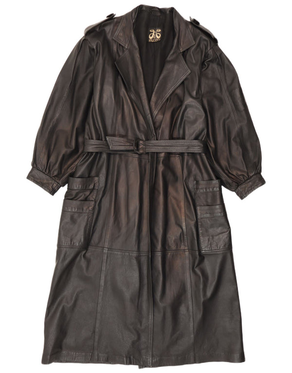 Vintage mujer militar cuero abrigo Reino Unido 14 medio negro