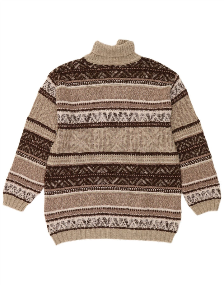Vintage hombres rollo cuello jersey suéter marrón medio lana geométrica