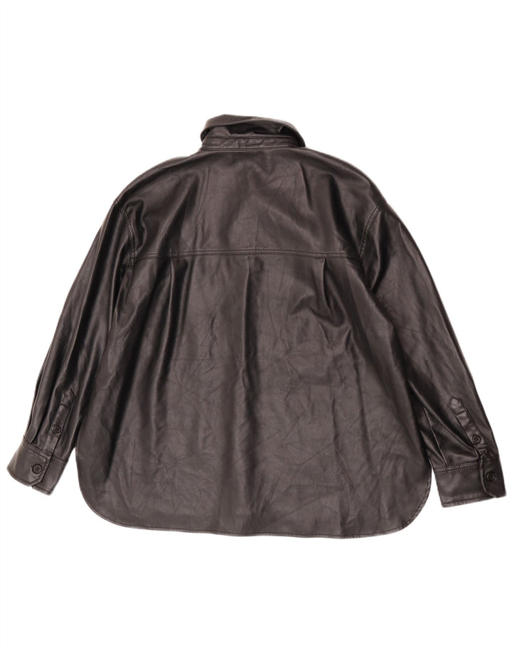 Zara Mujer Camisa De Piel Sintética UK 44 Mediano Negro Poliéster