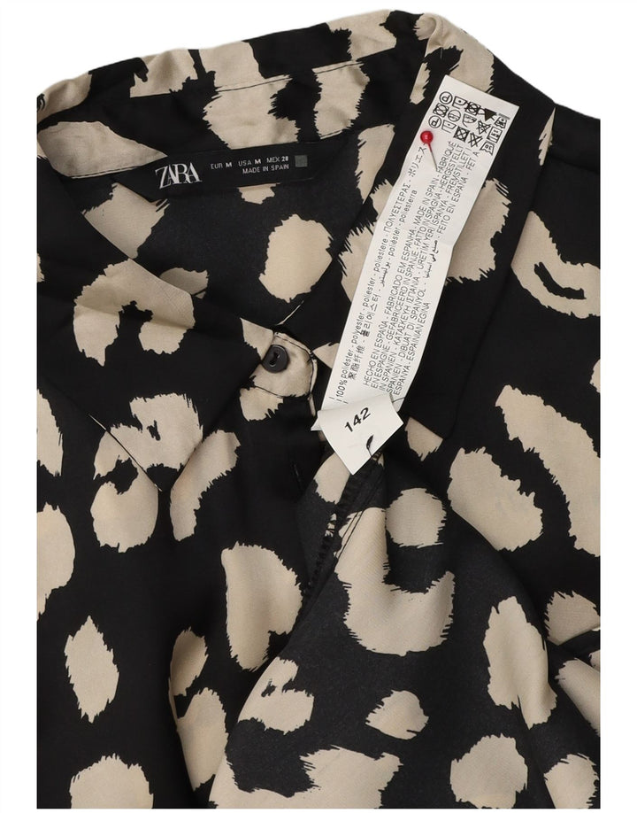 Zara Mujer Blusa Camisa UK 44 Mediano Negro Estampado Animal Poliéster