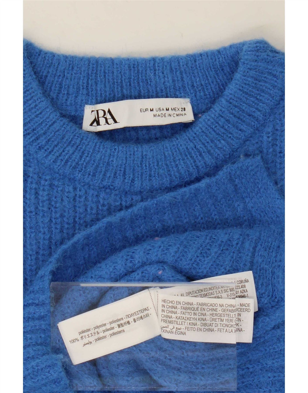 Zara - Jersey corto con cuello redondo para mujer, talla 40, poliéster azul medio