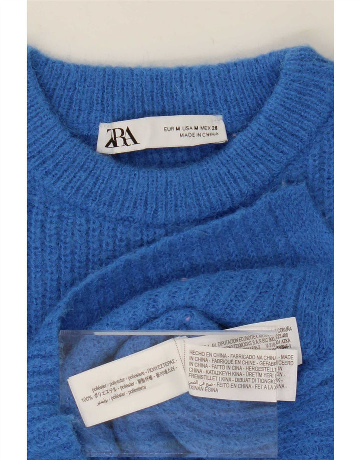 Zara - Jersey corto con cuello redondo para mujer, talla 40, poliéster azul medio