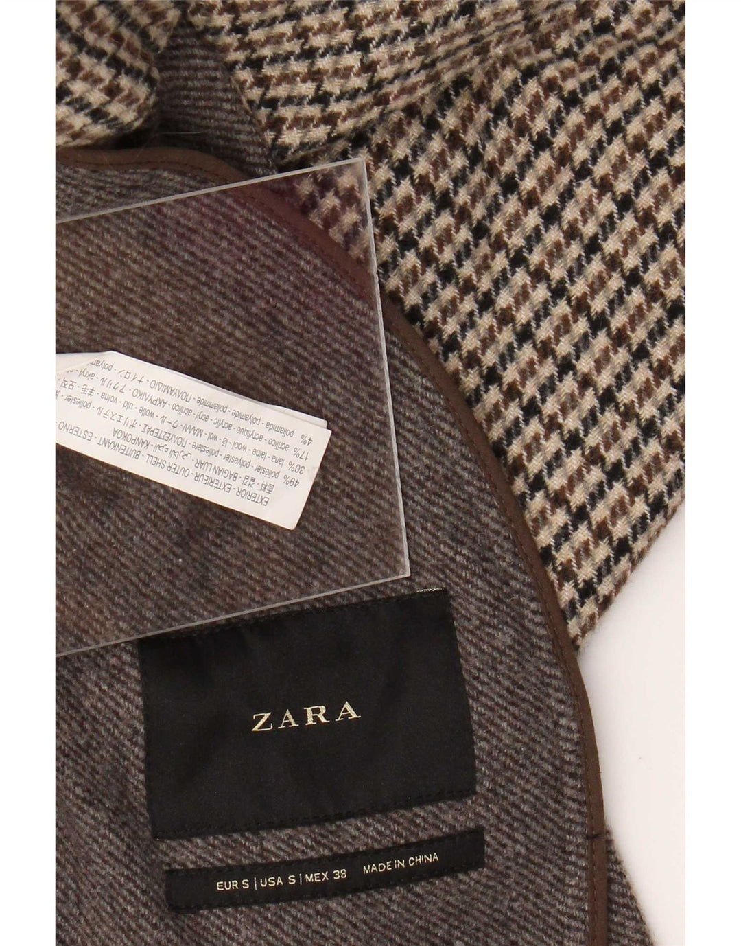 Zara Abrigo Hombre ES 36 Small Marrón Pata de Gallo Poliéster