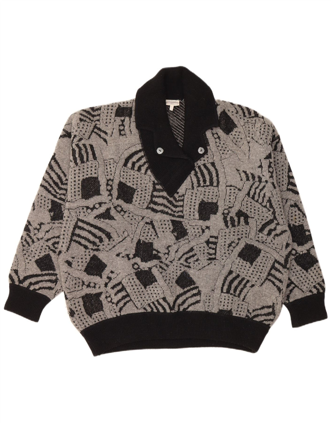 VINTAGE Mujer Chal Cuello Jersey Suéter Reino Unido 16 Grande Gris Geométrico