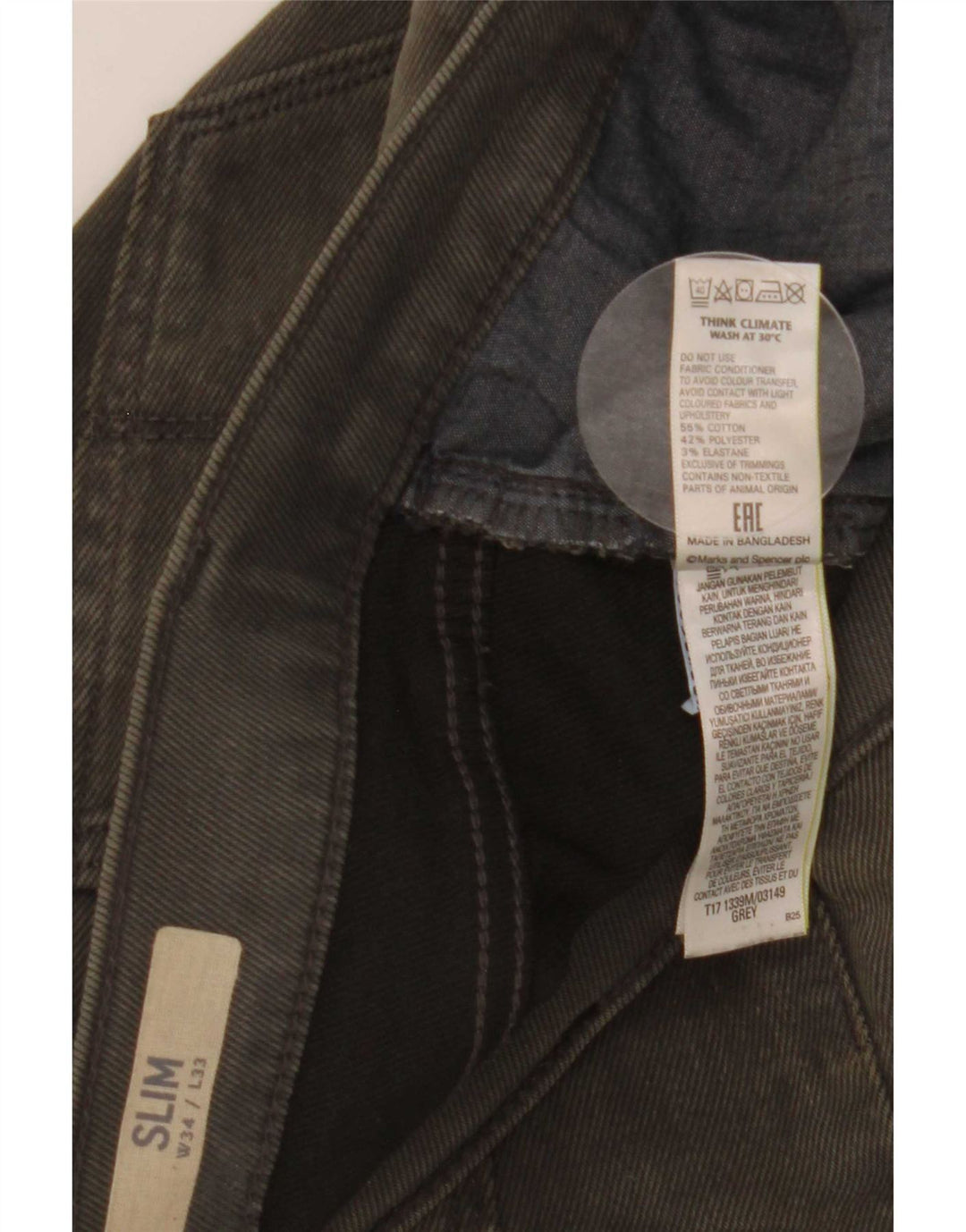 Marks & Spencer Vaqueros ajustados para hombre W34 L33 Algodón gris
