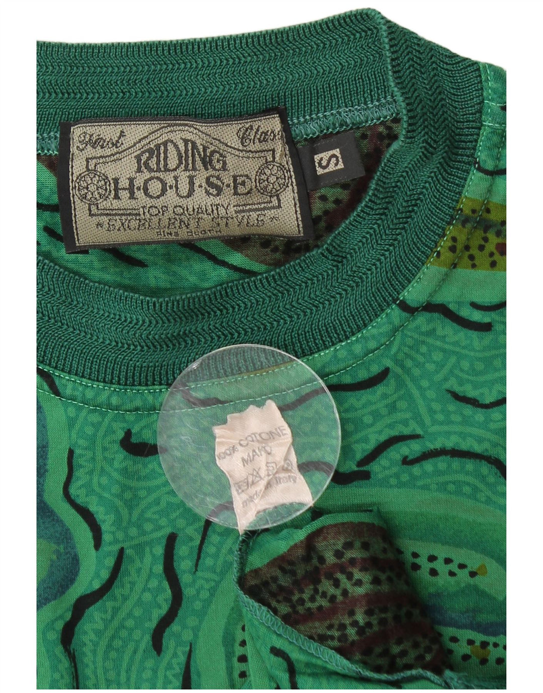 VINTAGE Hombres Patrón Abstracto Camiseta Top Pequeño Algodón Verde