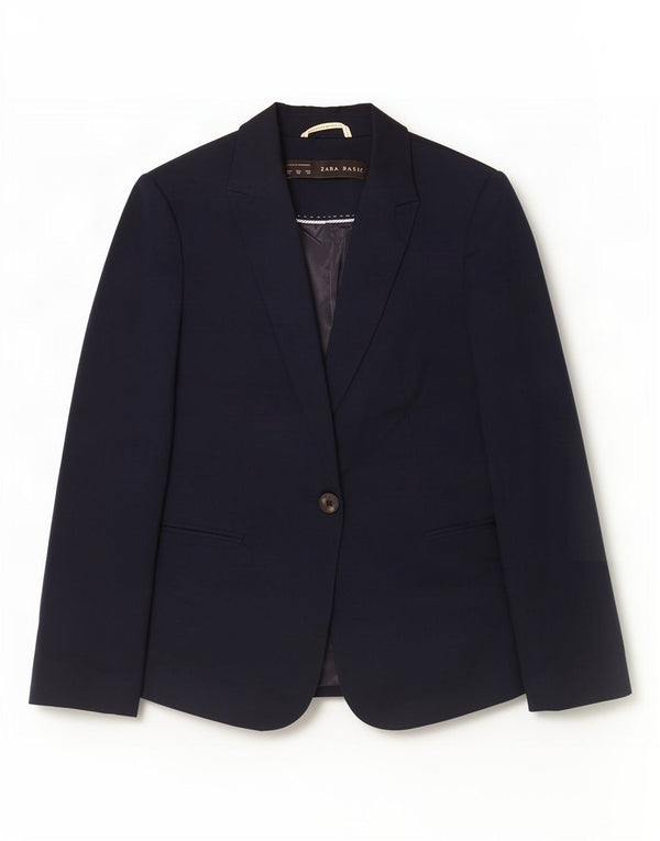 Zara Chaqueta Blazer De 1 Botón para Mujer UK 6 XS Algodón Azul Marino