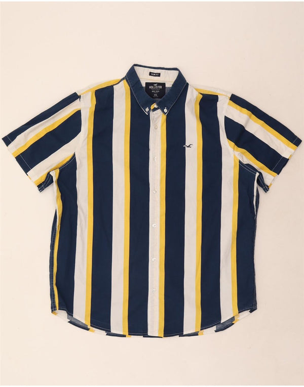 Camisa Hollister Hombre Manga Corta Slim Fit 2XL Algodón A Rayas Azul