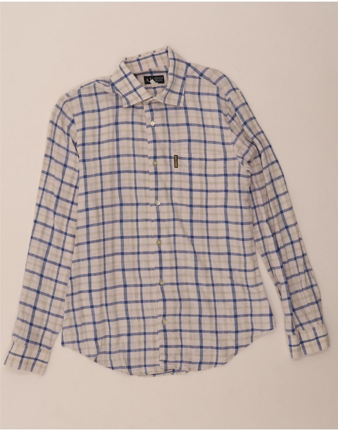 ARMANI JEANS Camisa Hombre Lino Cuadros Azul Medio