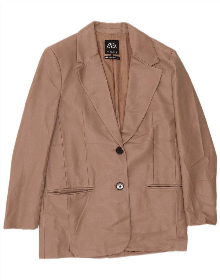 Zara Chaqueta Blazer De Piel Sintética Con 2 Botones Para Mujer UK 10 Small Beige Poliéster