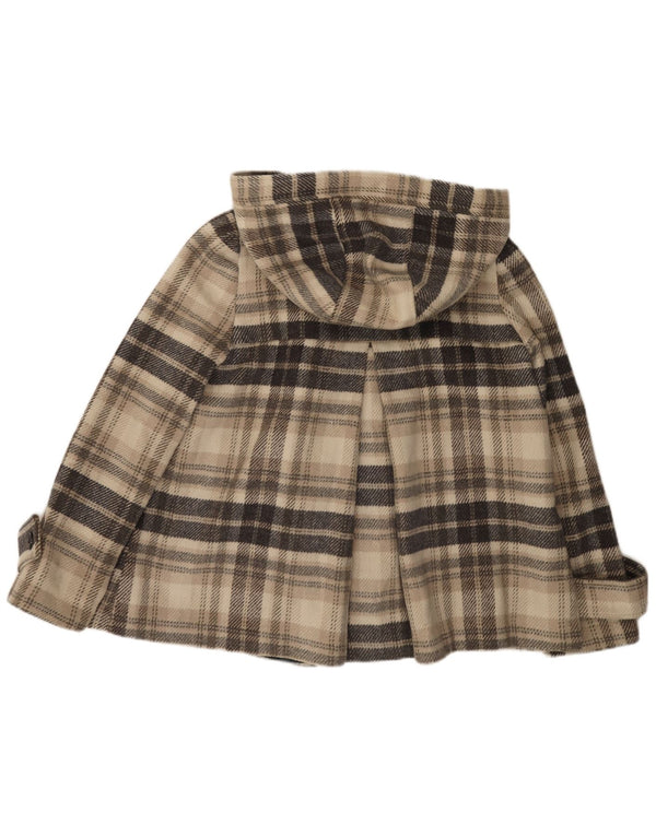 Zara Womens Short Hooded Double Breasted Coat UK 16 Large Beige Plaid