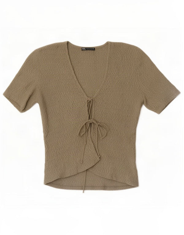 Zara Womens Short Sleeve Crop Top UK 8 Small Khaki Polyester