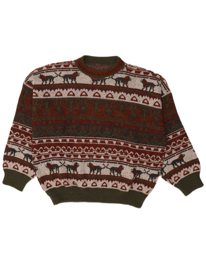 Vintage hombres cuello redondo jersey suéter XL multicolor Fair Isle