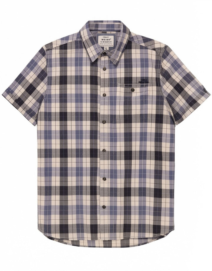 Weird Fish Camisa de manga corta para hombre de algodón a cuadros azules grandes