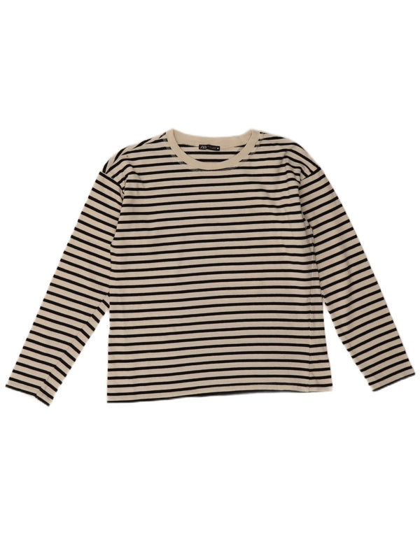 Zara Mujer Top Manga Larga UK 10 Small Blanco Rayas Algodón