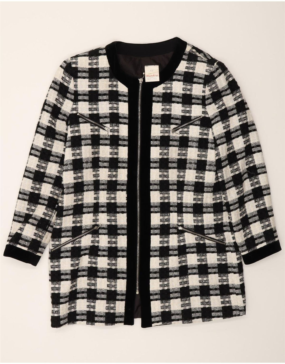 Meico Chaqueta tipo blazer larga para mujer EU 42 Grande Poliéster a cuadros negros