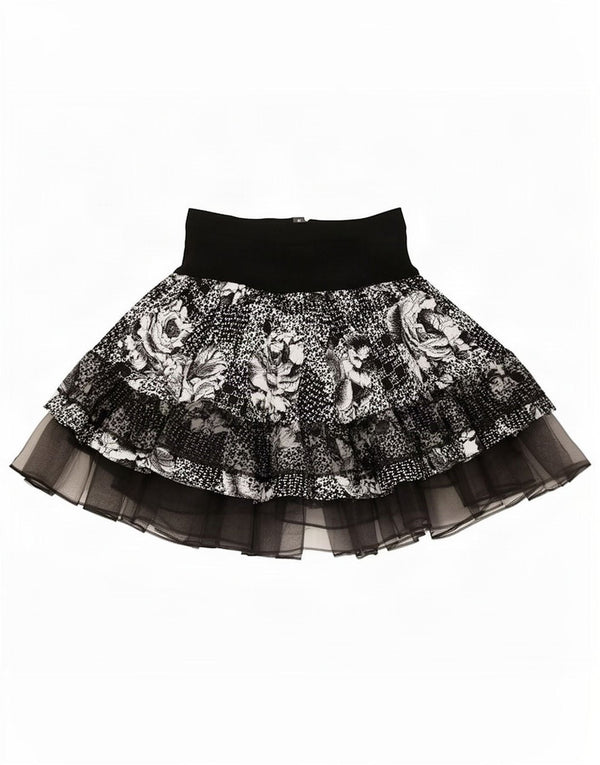 Vintage mujer Tutu falda pequeña W26 negro floral viscosa