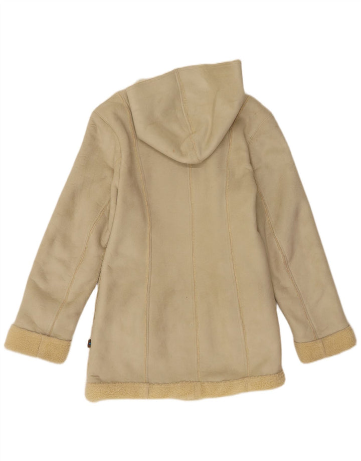 Vintage mujer con capucha Sherpa chaqueta Reino Unido 14 poliéster beige grande