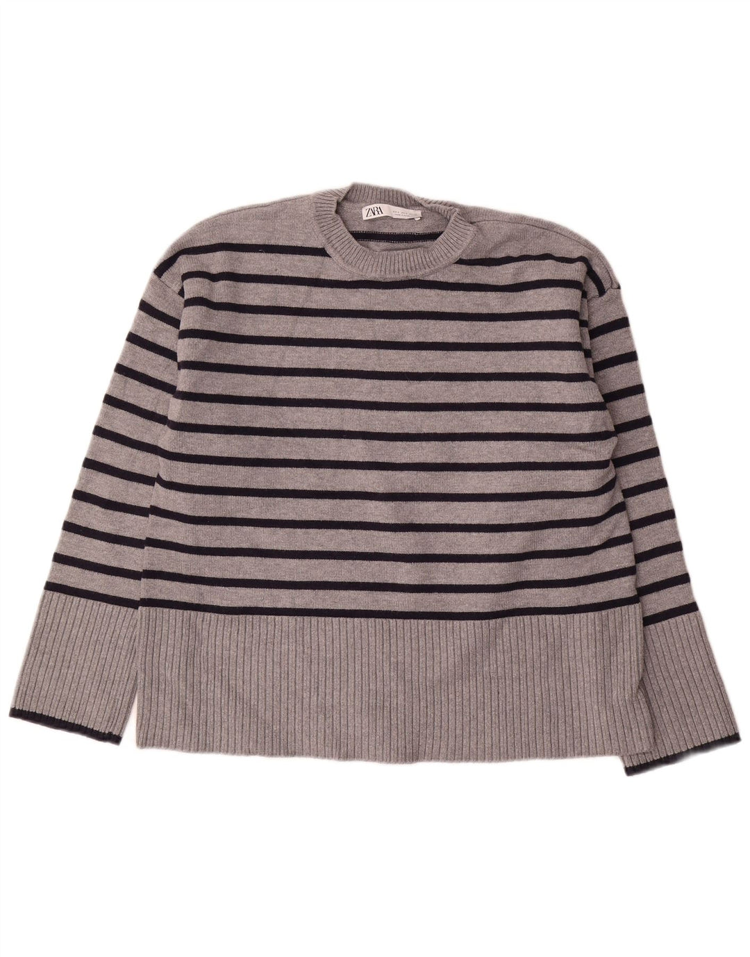 Zara Mujer Suéter De Cuello Redondo De Gran Tamaño UK 10 Small Gris Rayas