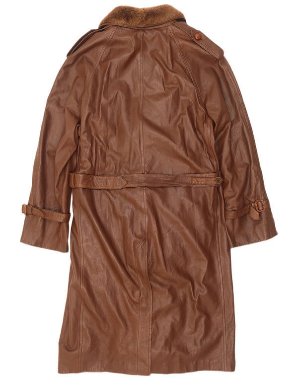 Vintage hombres doble pecho militar cuero abrigo IT 50 marrón grande
