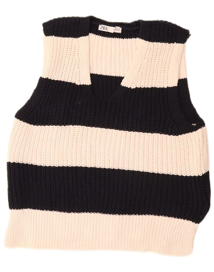 Zara Mujer Chaleco Camiseta Sin Mangas UK 14 Mediano Off White Poliéster A Rayas