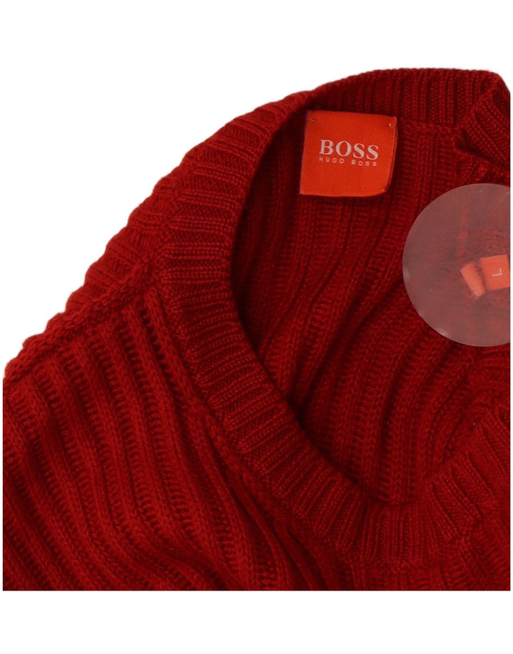 HUGO BOSS Suéter tipo jersey con cuello redondo para hombre de lana roja grande