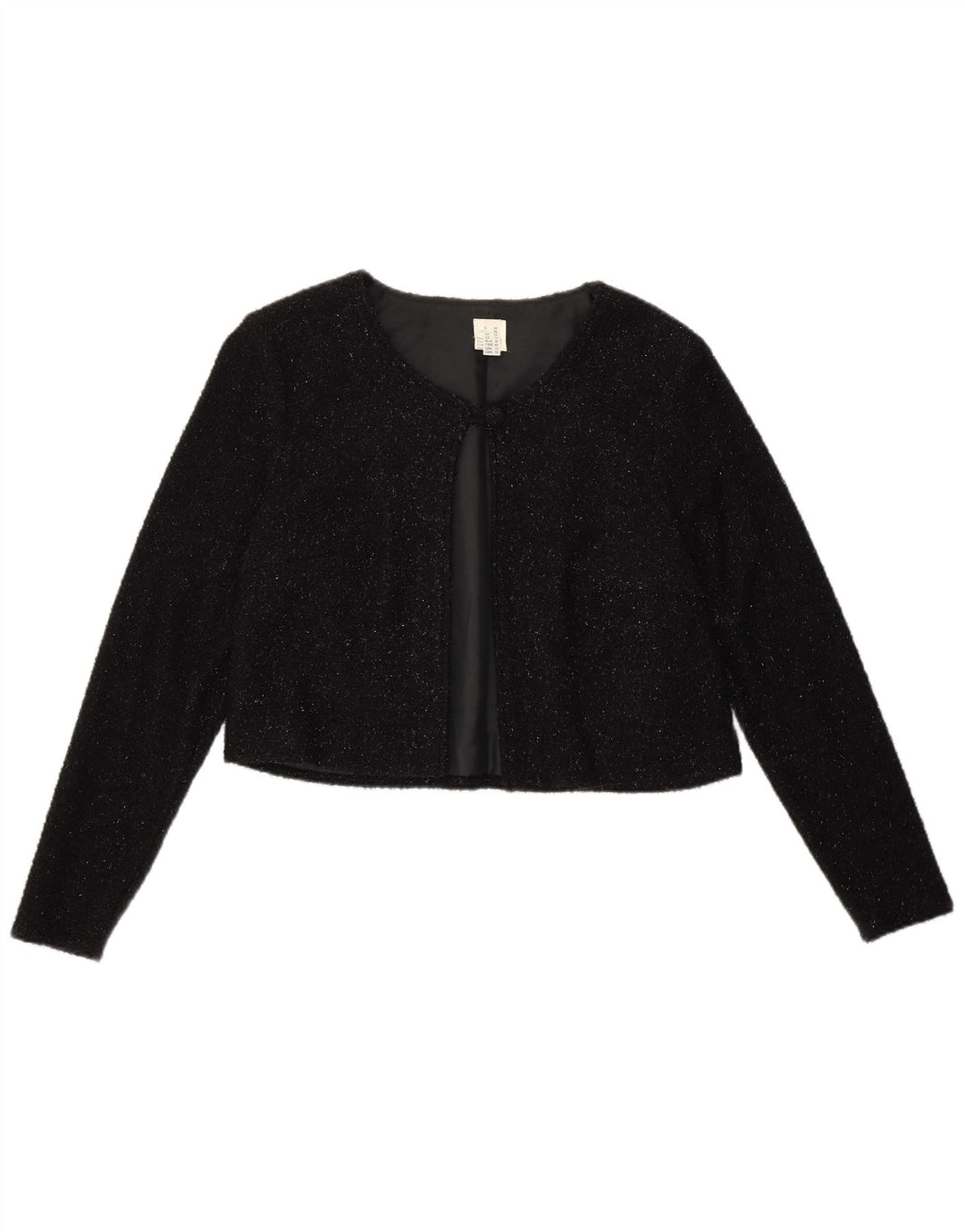 VINTAGE Mujer Bolero Chaqueta Reino Unido 12 Medio Negro Flecked Nylon