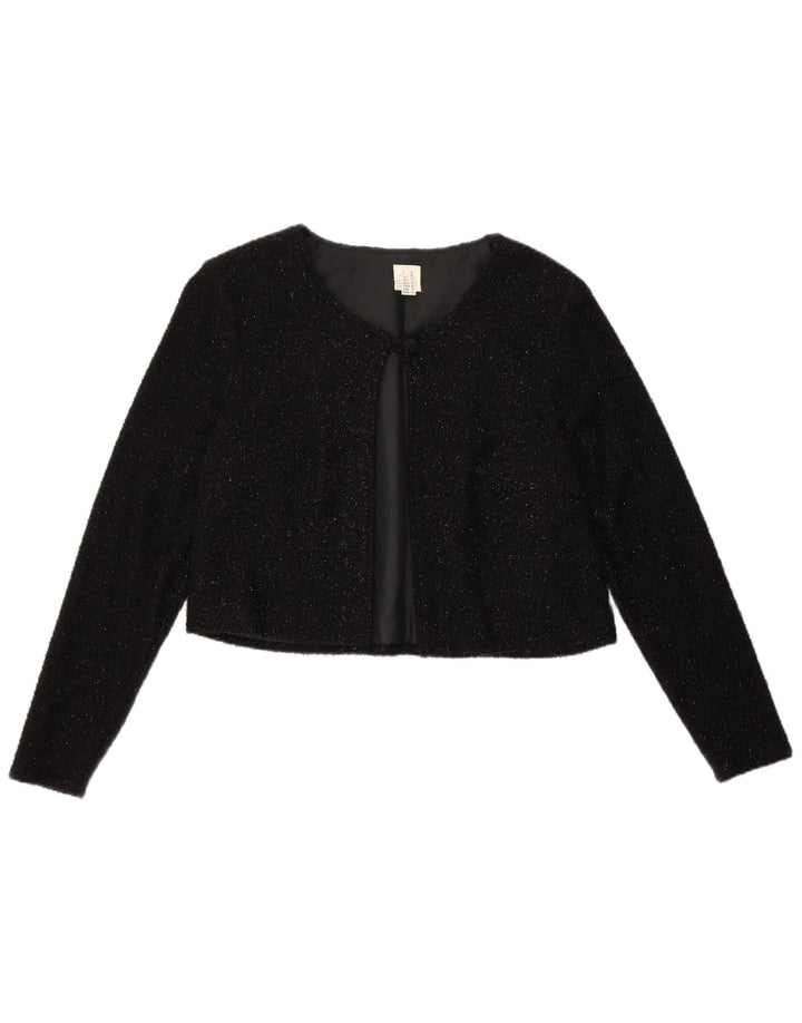 VINTAGE Mujer Bolero Chaqueta Reino Unido 12 Medio Negro Flecked Nylon