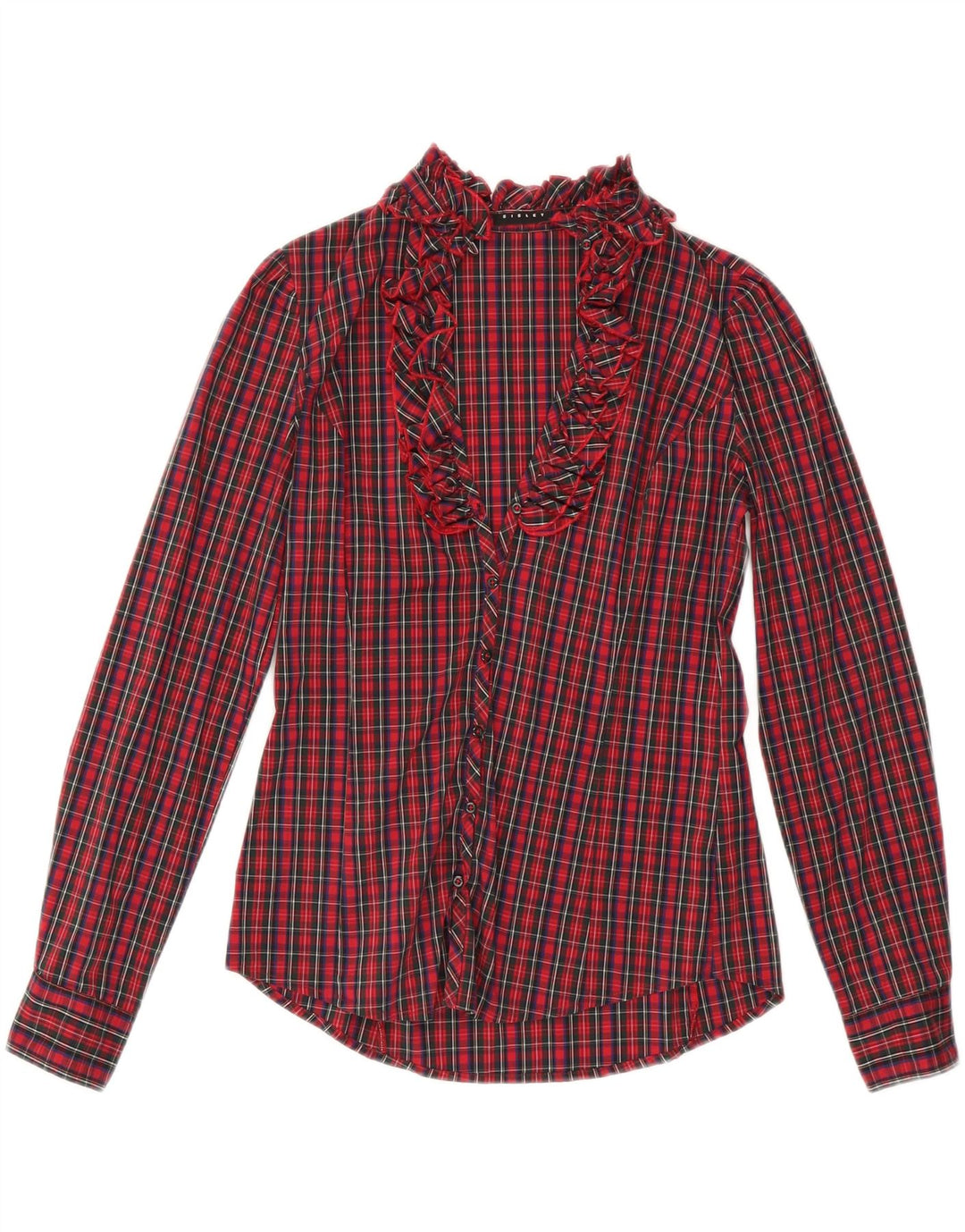 SISLEY Blusa camisera con volantes en la parte delantera para mujer UK 10 Small Red Check Cotton