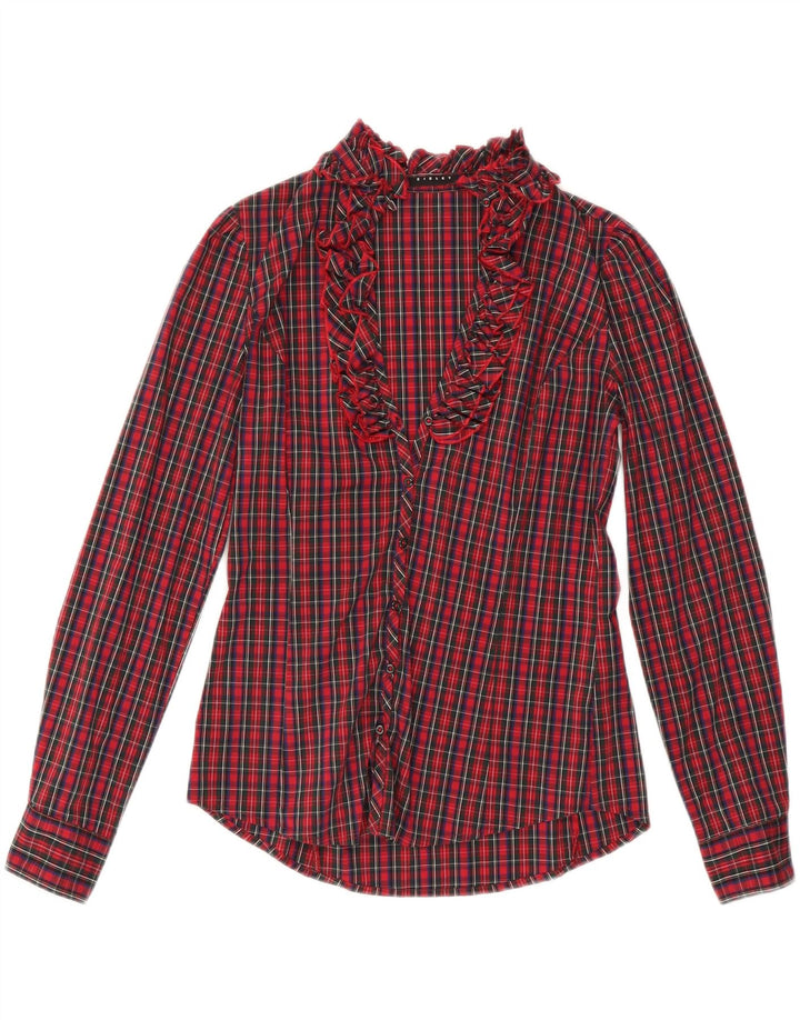 SISLEY Blusa camisera con volantes en la parte delantera para mujer UK 10 Small Red Check Cotton