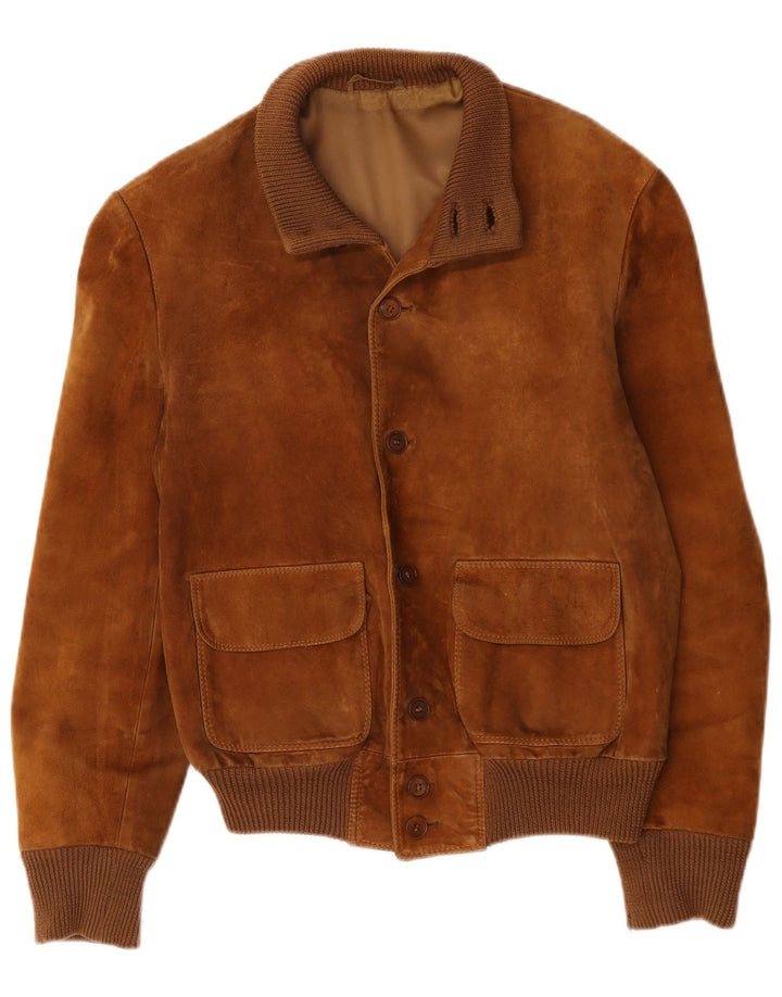 Vintage hombres ante bomber chaqueta Reino Unido 38 cuero marrón medio