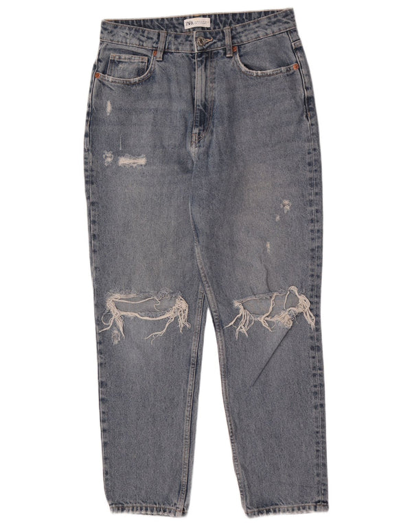Zara Jeans Cónicos De Cintura Alta Desgastados Para Mujer EU 40 Medium W30 L27 Azul