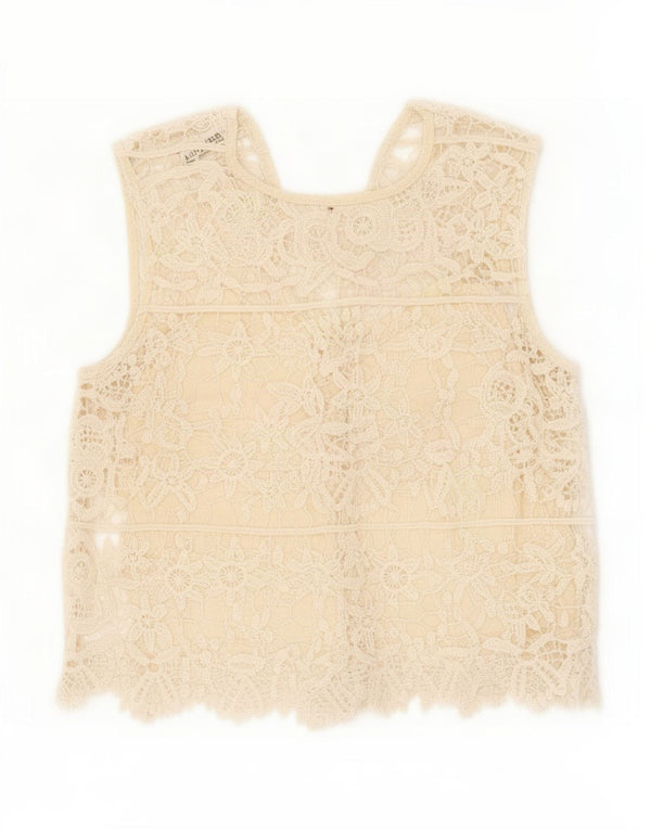 Zara Blusa Corta Sin Mangas De Encaje para Mujer UK 4 XS Algodón Floral Beige
