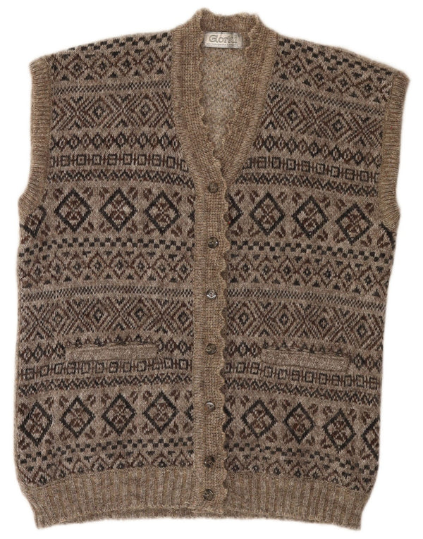 Vintage mujer longline sin mangas cardigan suéter Reino Unido 18 XL gris Fair Isle