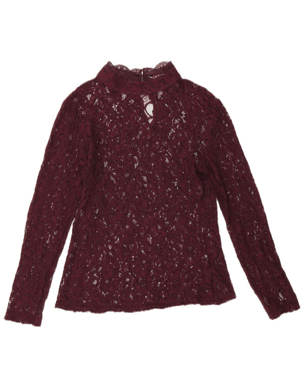 Oasis Blusa de encaje de manga larga para mujer UK 42 Medio Borgoña Floral