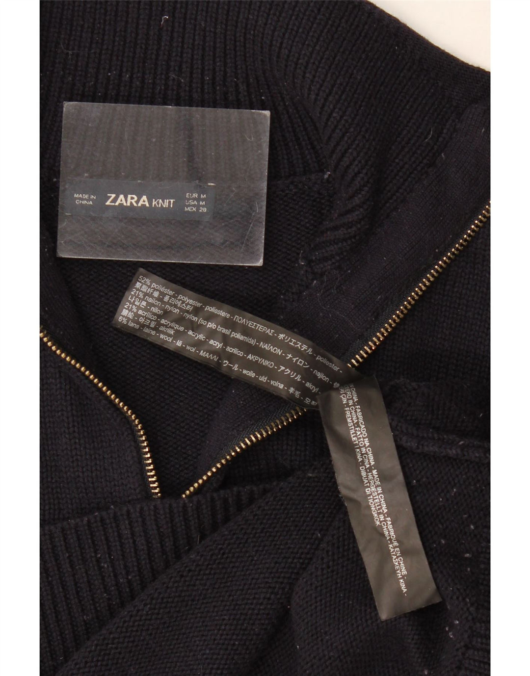 Zara Mujer Zip Neck Jumper Sweater UK 12 Medium Negro Poliéster