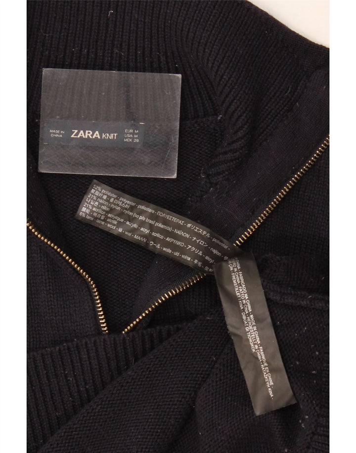 Zara Mujer Zip Neck Jumper Sweater UK 12 Medium Negro Poliéster