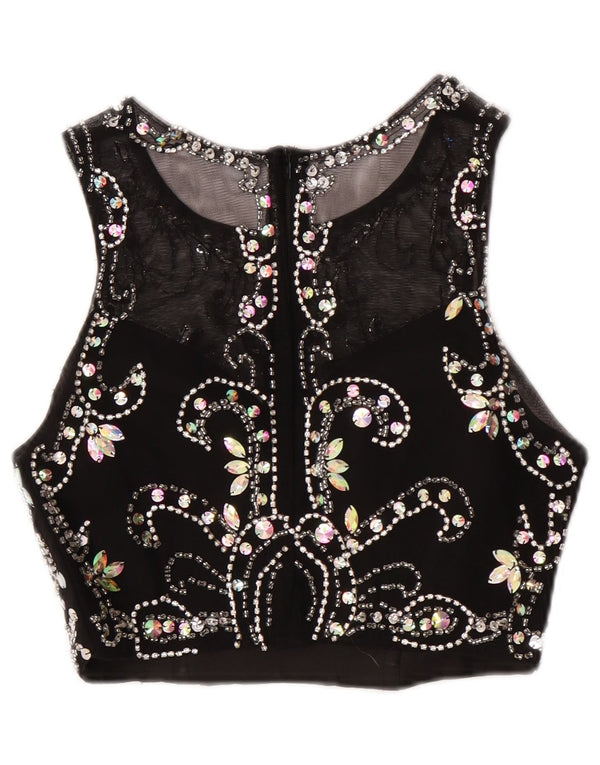 Blusa corta sin mangas vintage para mujer UK 8 Small Black Paisley