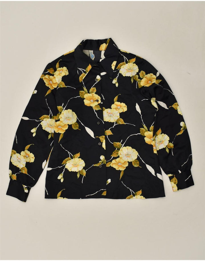 VINTAGE Camisa de Mujer Reino Unido 12 Mediano Negro Floral