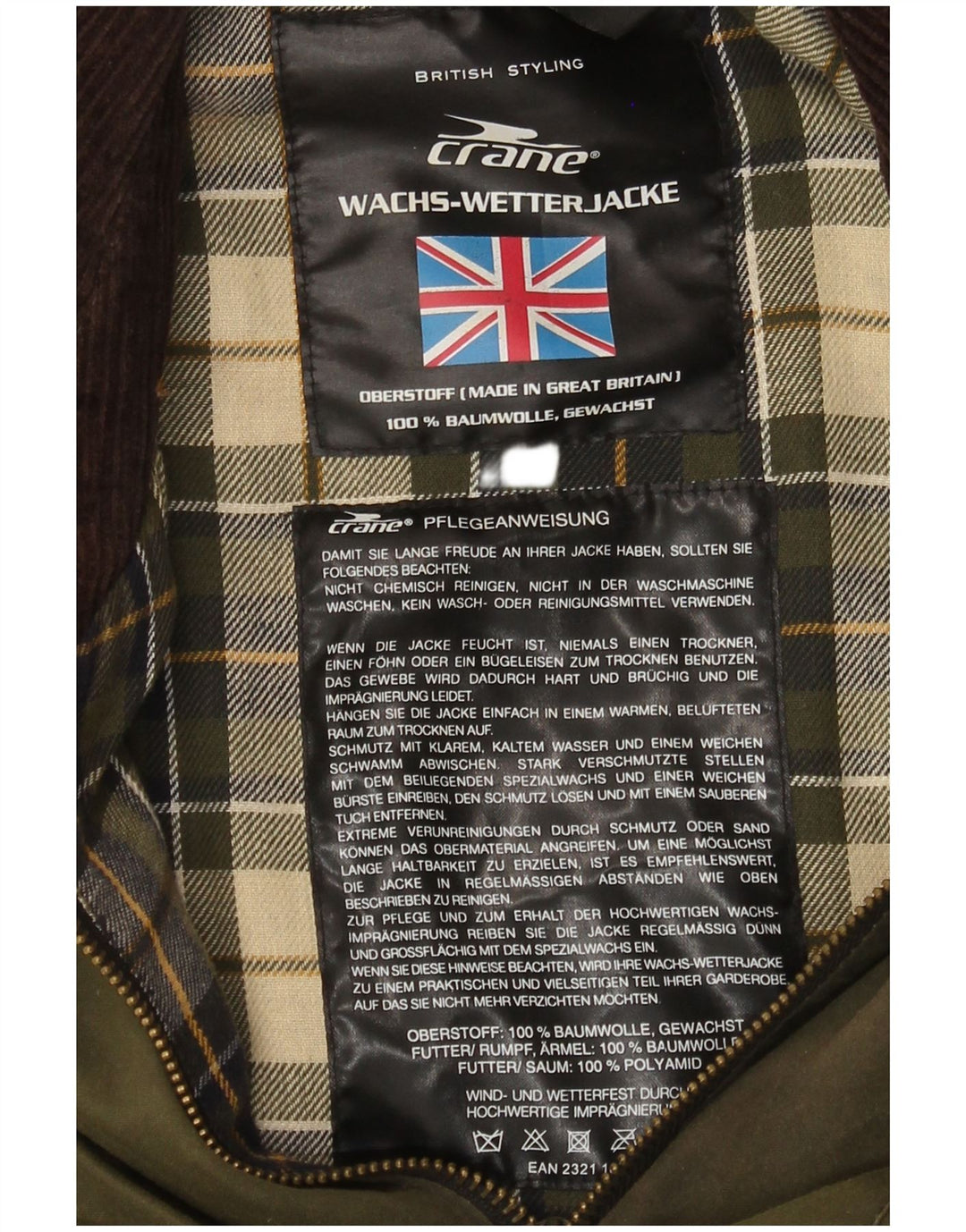 Chaqueta de algodón encerado para hombre Crane UK 38 Algodón verde medio