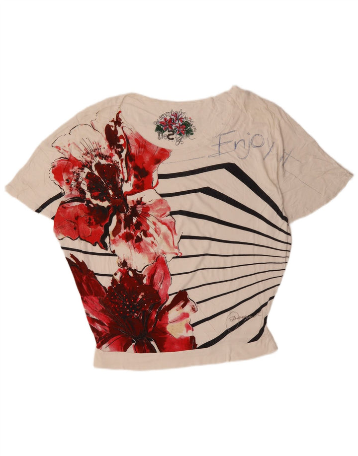 DESIGUAL Camiseta gráfica para mujer Top UK 46 Large White Floral Cotton