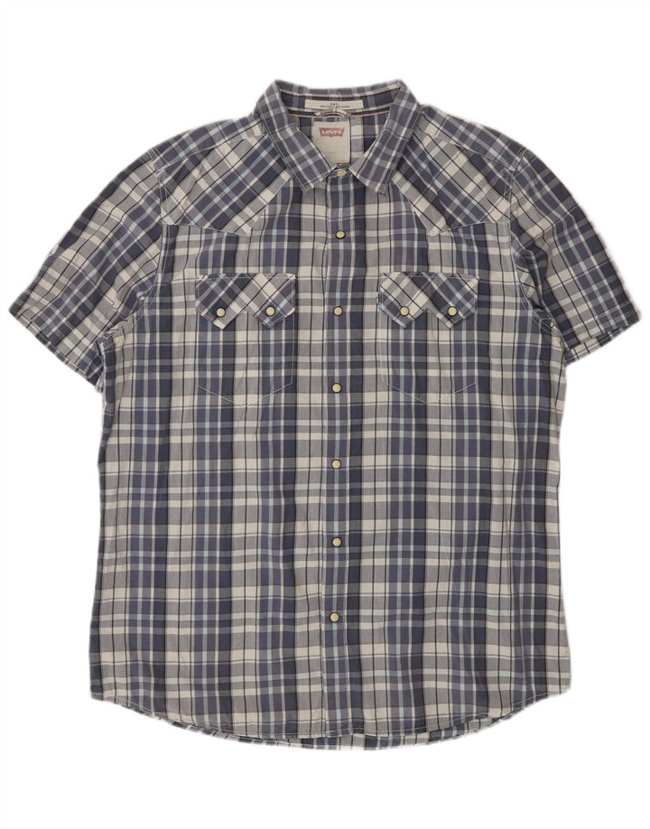 LEVI'S Camisa de manga corta Slim Fit XL de algodón a cuadros azules para hombre