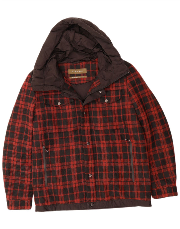 ZARA Chaqueta bomber con capucha para hombre UK 40 Large Red Check Poliéster