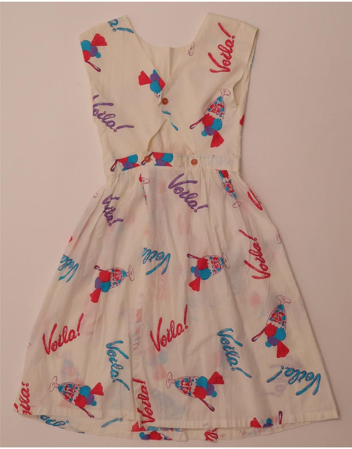 VINTAGE mujeres patrón abstracto sin mangas A-Line vestido Reino Unido 8 pequeño blanco