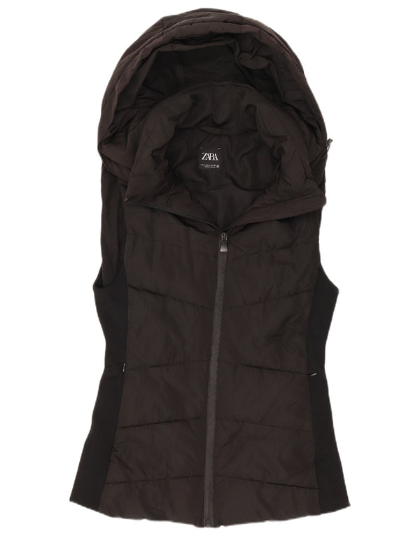 Zara Mujer Chaleco Acolchado Con Capucha UK 10 Small Poliéster Negro