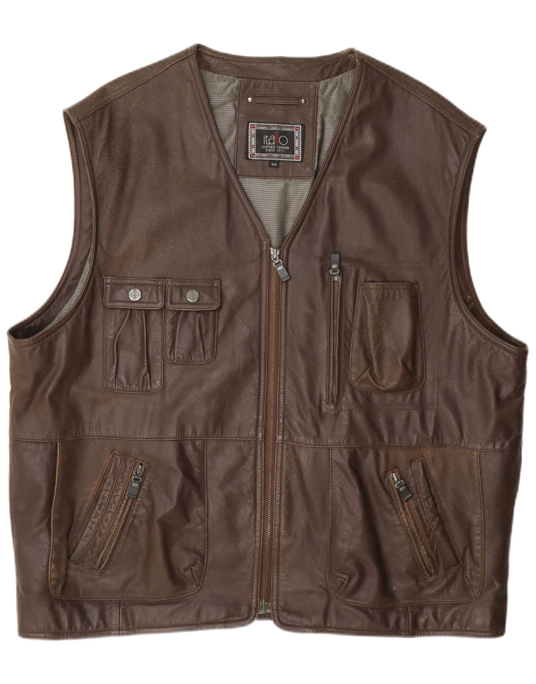 Itallo Chaleco utilitario de cuero para hombre IT 60 4XL Marrón