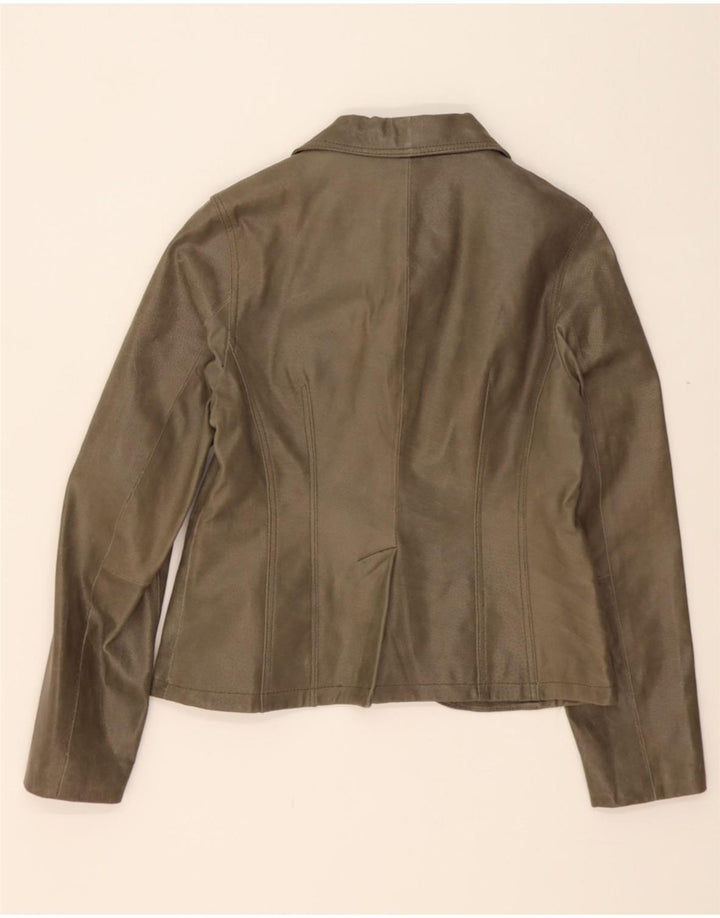 VINTAGE Womens 2 Button Leather Blazer Jacket UK 12 Medium Khaki Leather Vintage Vintage and Second-Hand Vintage from Messina Hembry 