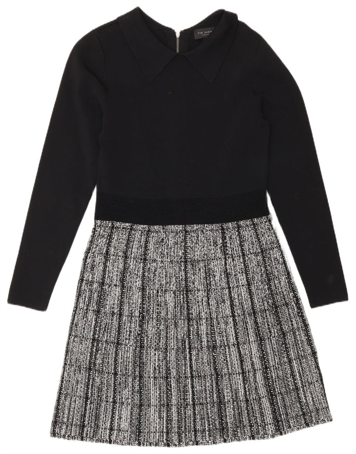 Ted Baker Vestido básico de manga larga para mujer, talla 2, talla pequeña, viscosa a cuadros negros
