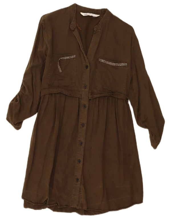 Zara Vestido camisero de manga 3/4 para mujer UK 10 Small Khaki Lyocell